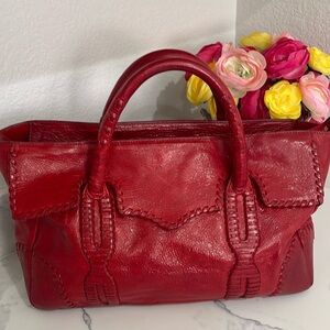 Rebecca Minkoff Red Leather Handbag w/cool leather Stitching royal blue lining